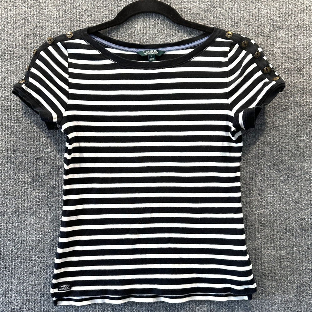Lauren Ralph Lauren Striped Button Shoulder L Top Nautical Preppy Coastal Staple - Picture 4 of 12